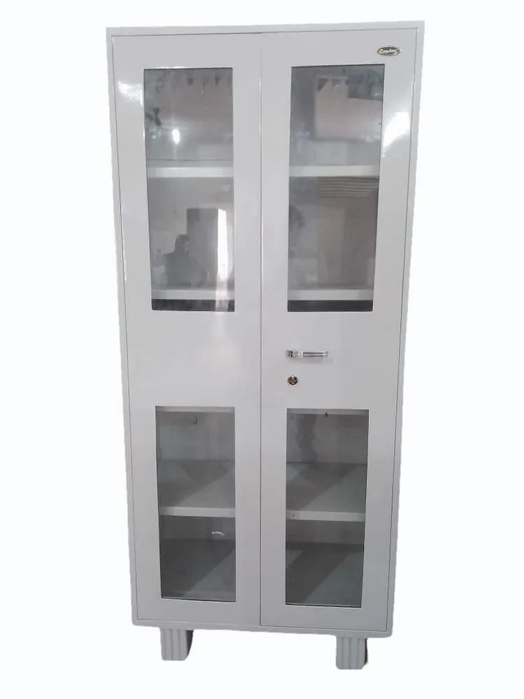 2 Door Without Locker White Mild Steel Office Glass Almirah, 5 Shelves, Without Mirror