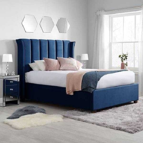 King Size Upholstered Storage Bed (Blue) With 1 Side Table