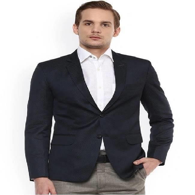 Men Navy Blue Printed Single-Breasted Tailored fit Formal Blazer