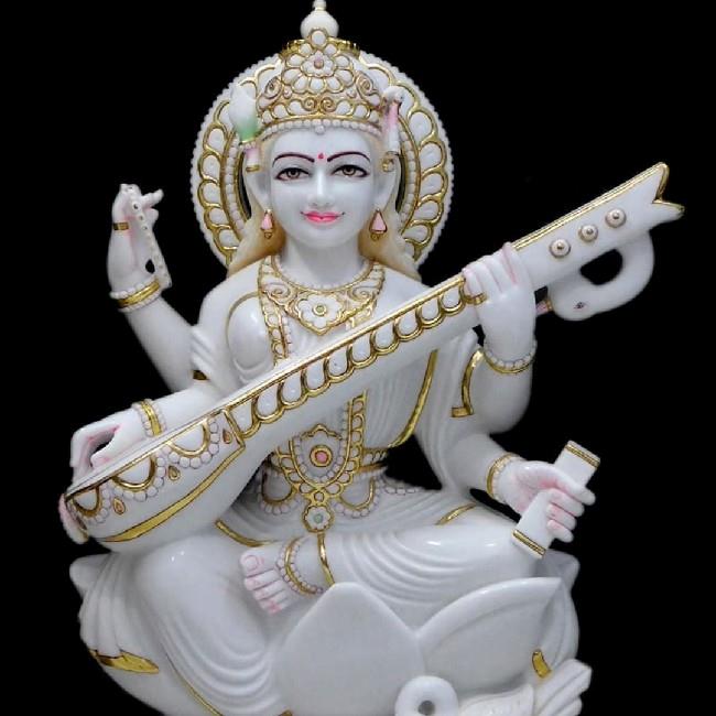 maa saraswati white marble statue