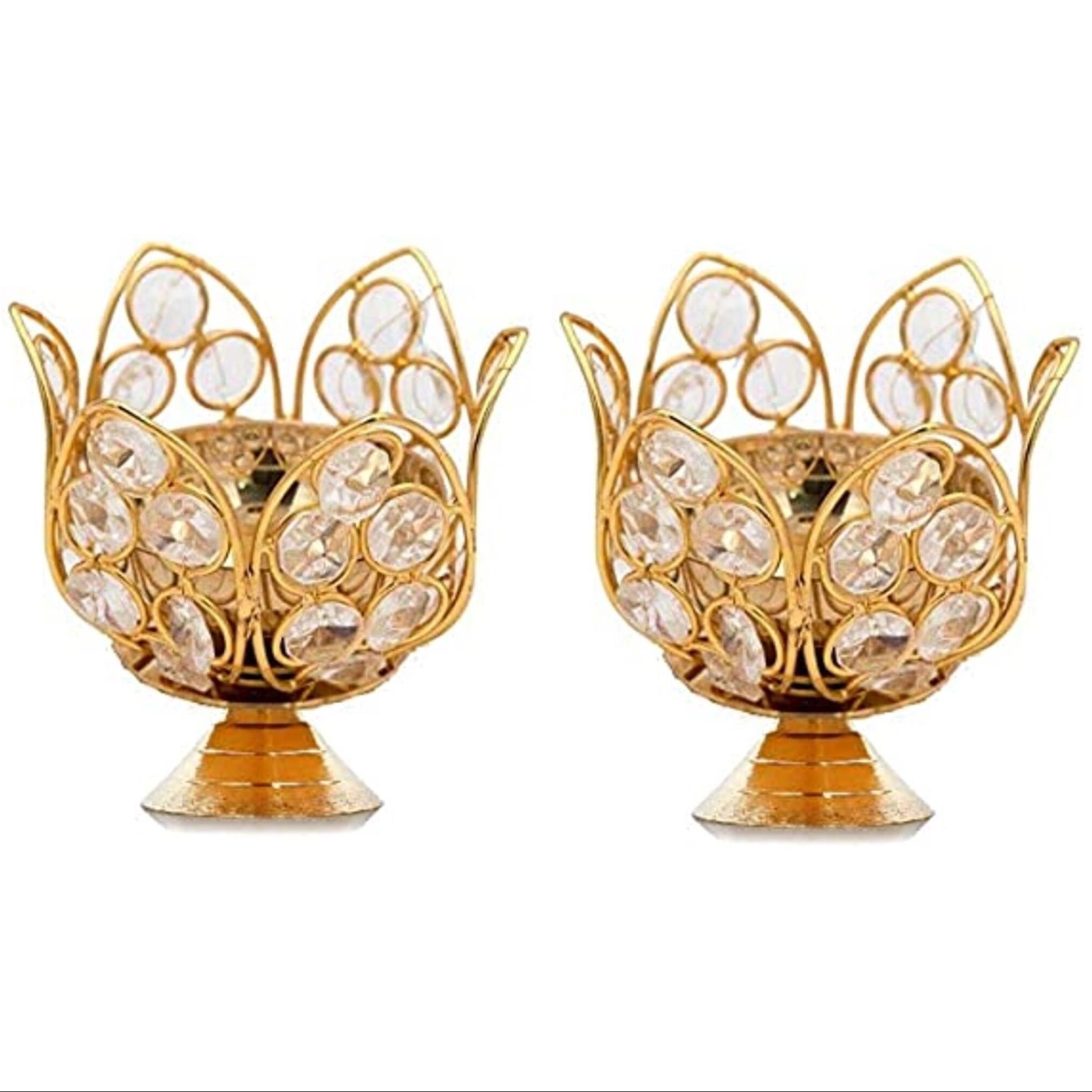 Brass with Crystal Lotus Shape Diya Combo Pack of 2 Pcs