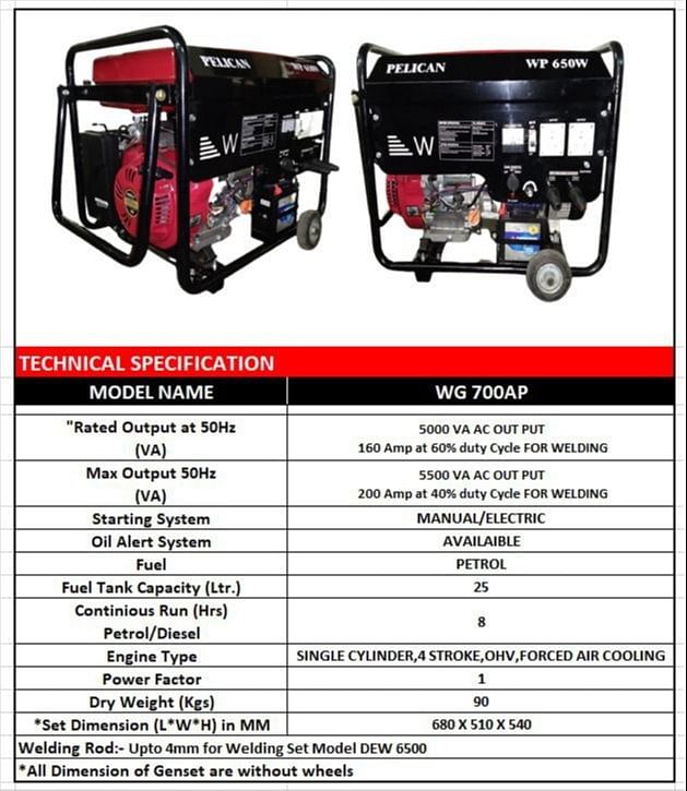 5000 VA Ac Output Portable Welding Generator, Tank Capacity: 25 Ltr, Model Name/Number: Wg 7000ap