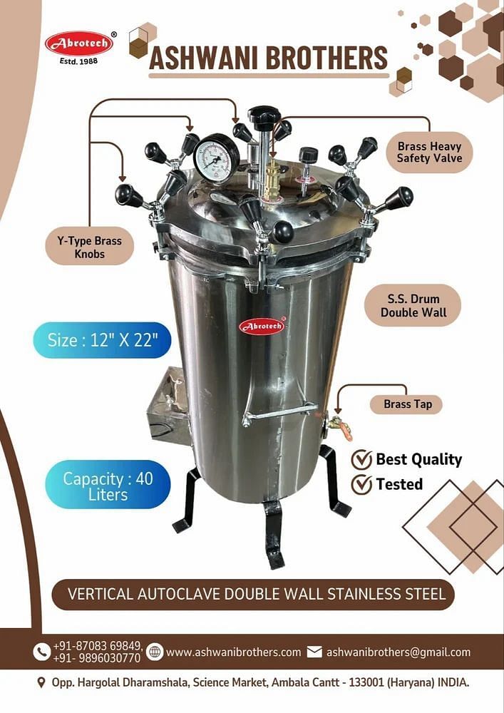 Abrotech Autoclave S.S 12x22 Double wall Cap: 40 liters Deluxe Model, Capacity: 35 Litre