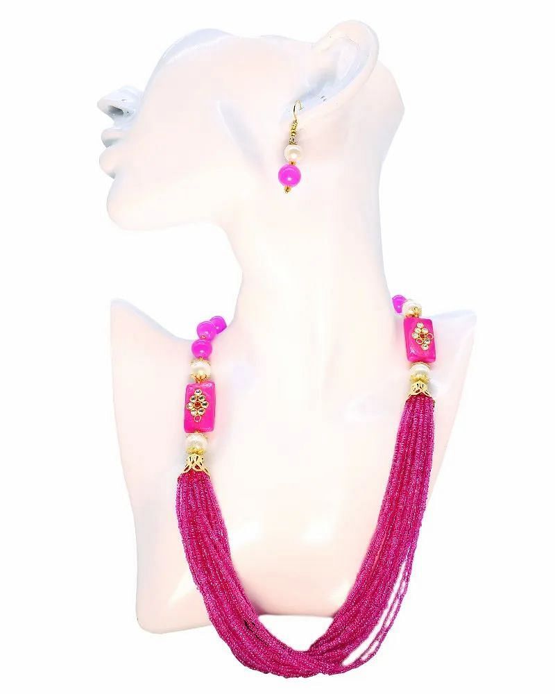 Beaded Pink Multi Strand Necklace Set, Size: Free