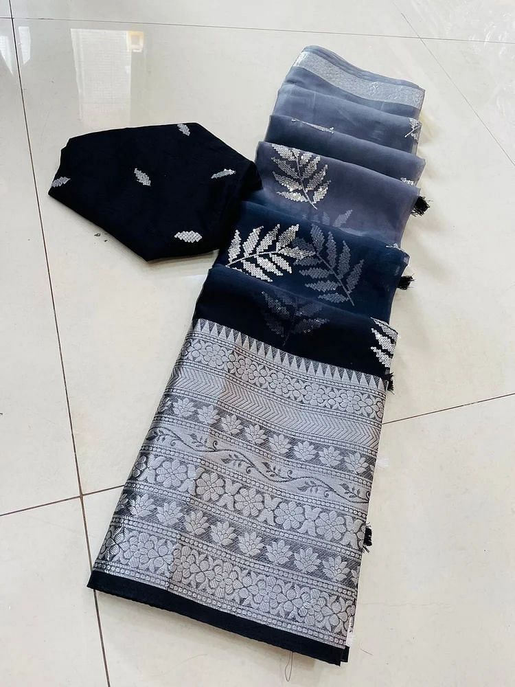 Black Silver Zardozi Kancheepuram Silk Saree, 6 m (with blouse piece)