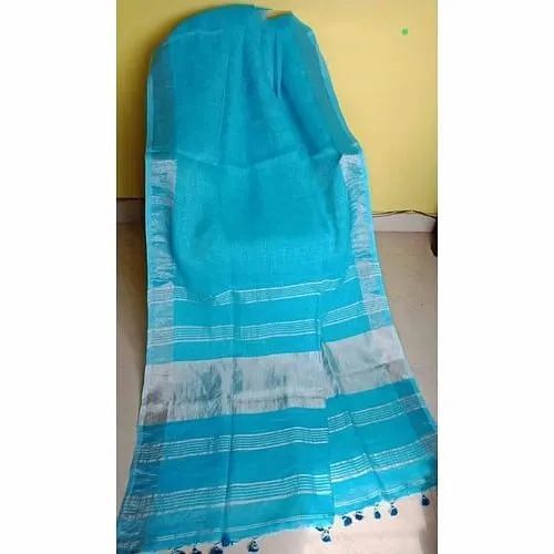 Blue Plain Fancy Linen Saree