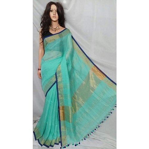 Blue Plain Trendy Linen Saree