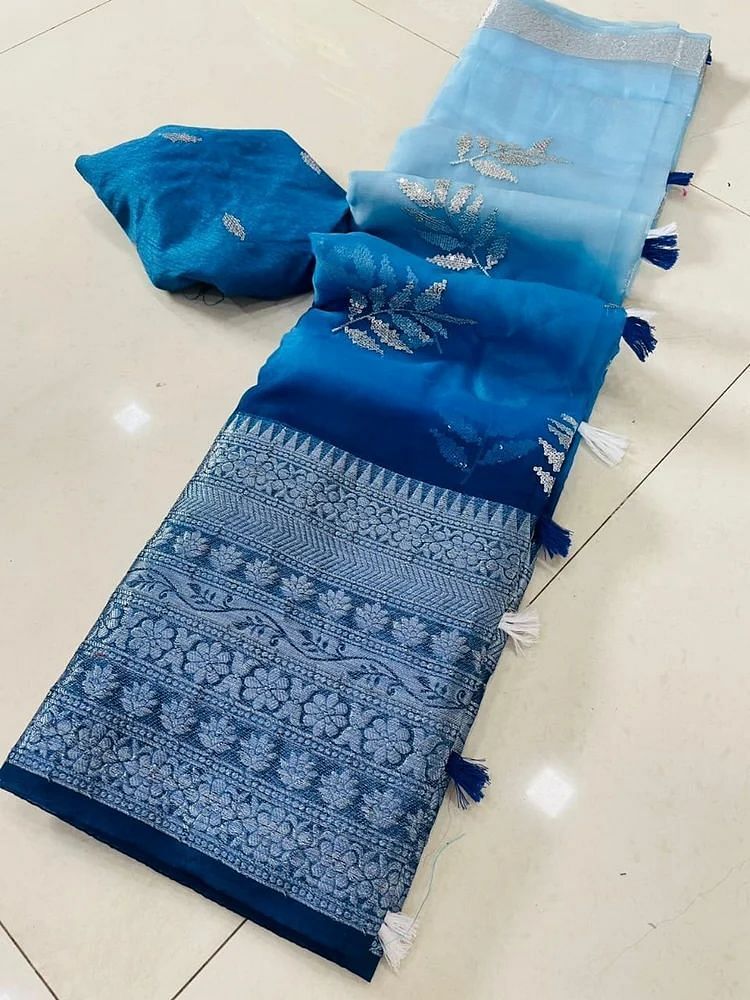 Blue Sky Blue Zardozi Kancheepuram Silk Saree, 6 m (with blouse piece)