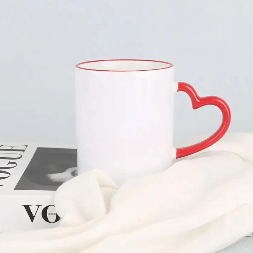 Comes in 2 color Plain Sublimation Mug Heart Handle Rim Mug Photo Mugs Sublimation Photo Mugs, For Gifting