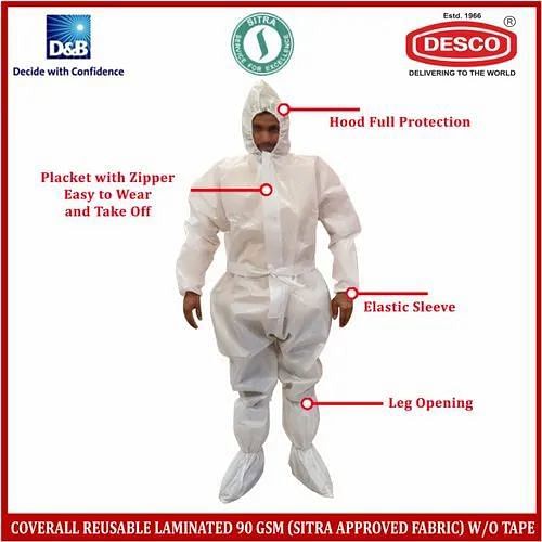 DESCO Coverall Reusable Laminated 90 GSM SITRA Approved Fabric W/O Tape