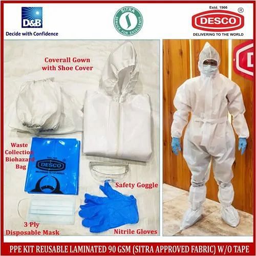 Desco Ppe Kit Reusable Laminated 90 Gsm Sitra Approved Fabric W/o Tape