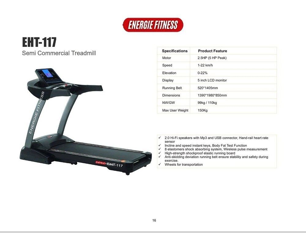 Energies Fitness 2.5 Hp EHT 117 Semi Commercial Treadmill, 130 kg