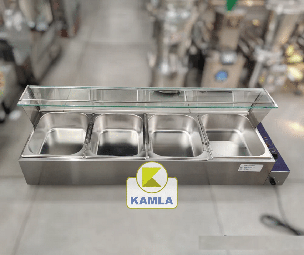 Kamla Enterprises Silver Stainless Steel Bain Marie 4 Pans 1/2-100mm with Glass, For Catering, 220 V