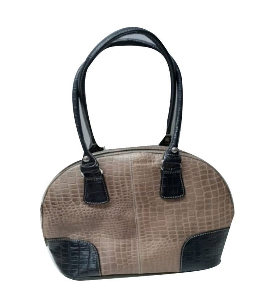 Light Brown and Black Canvas Ladies Leather Handbag, Size: 15x12x3.5inch