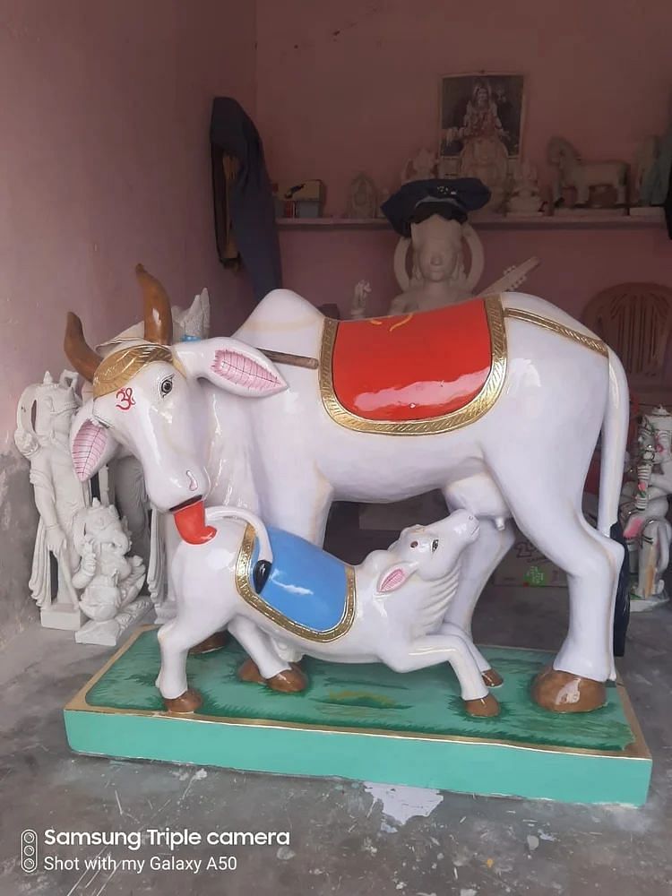 Marble Kamdhenu Cow And Calf Statue