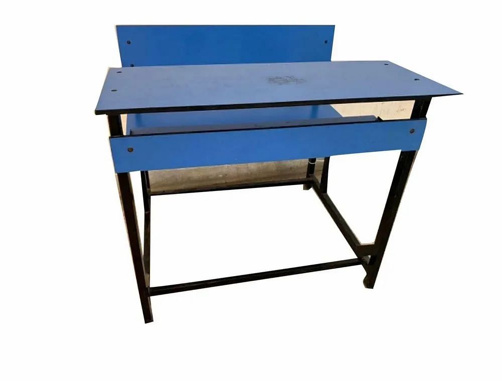 Mild Steel And Wood Blue Powder Coated Dual Desk Bench, 2 Seater