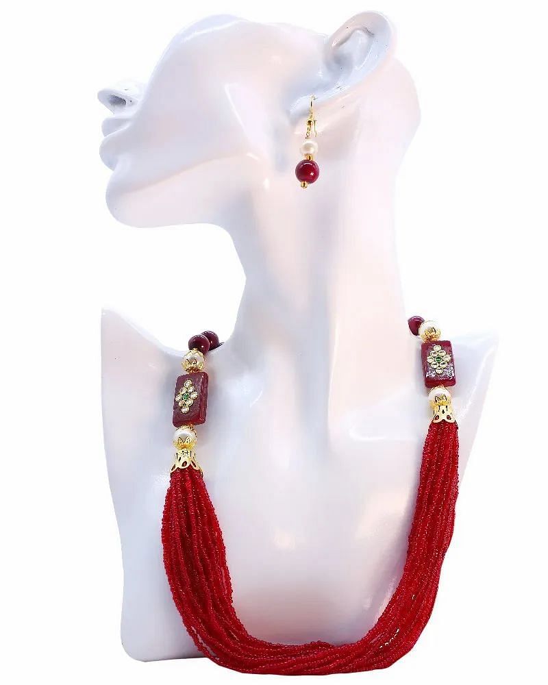 Nityanand Creations Maroon Multi Strand Kundan Necklace Set