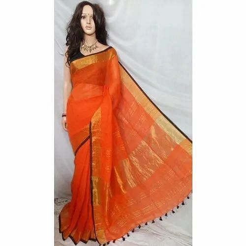 Orange Designer Linen Saree