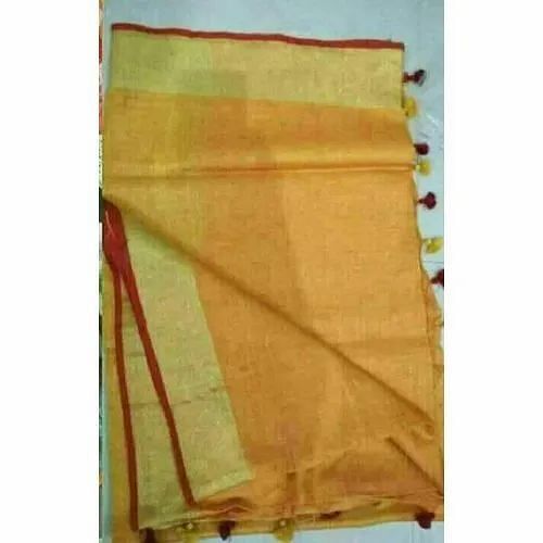 Orange Plain Pure Linen Saree