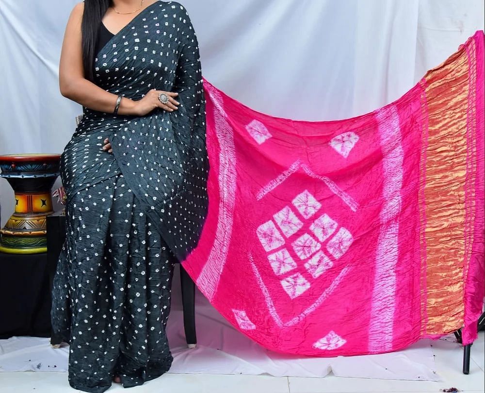 Party Wear Black Pink Printed Cotton Silk Saree, 6.3 m (with blouse piece)