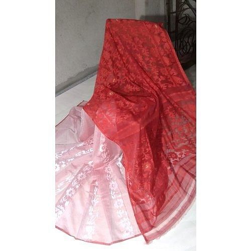 Party Wear Embroidered Red Jamdani Saree, Packaging Type: Packet