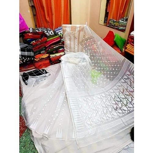 Party Wear Embroidered White Jamdani Saree, Packaging Type: Packet