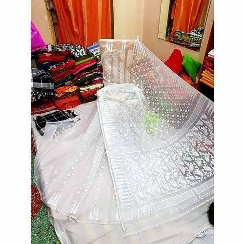 PArty Wear Embroidered White Jamdani Saree, Packaging Type: Packet