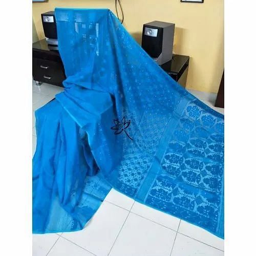 Party Wear Printed Blue Jamdani Saree, Packaging Type: Packet