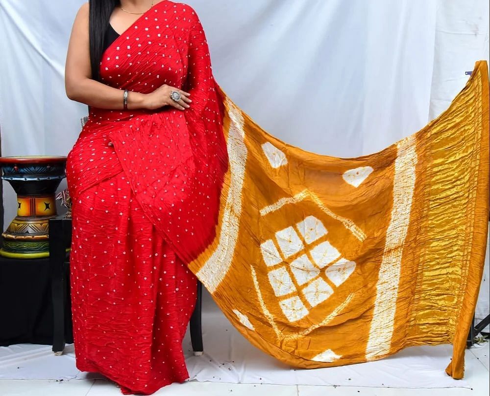 Party Wear Red Yellow Printed Cotton Silk Saree, 6.3 m (with blouse piece)