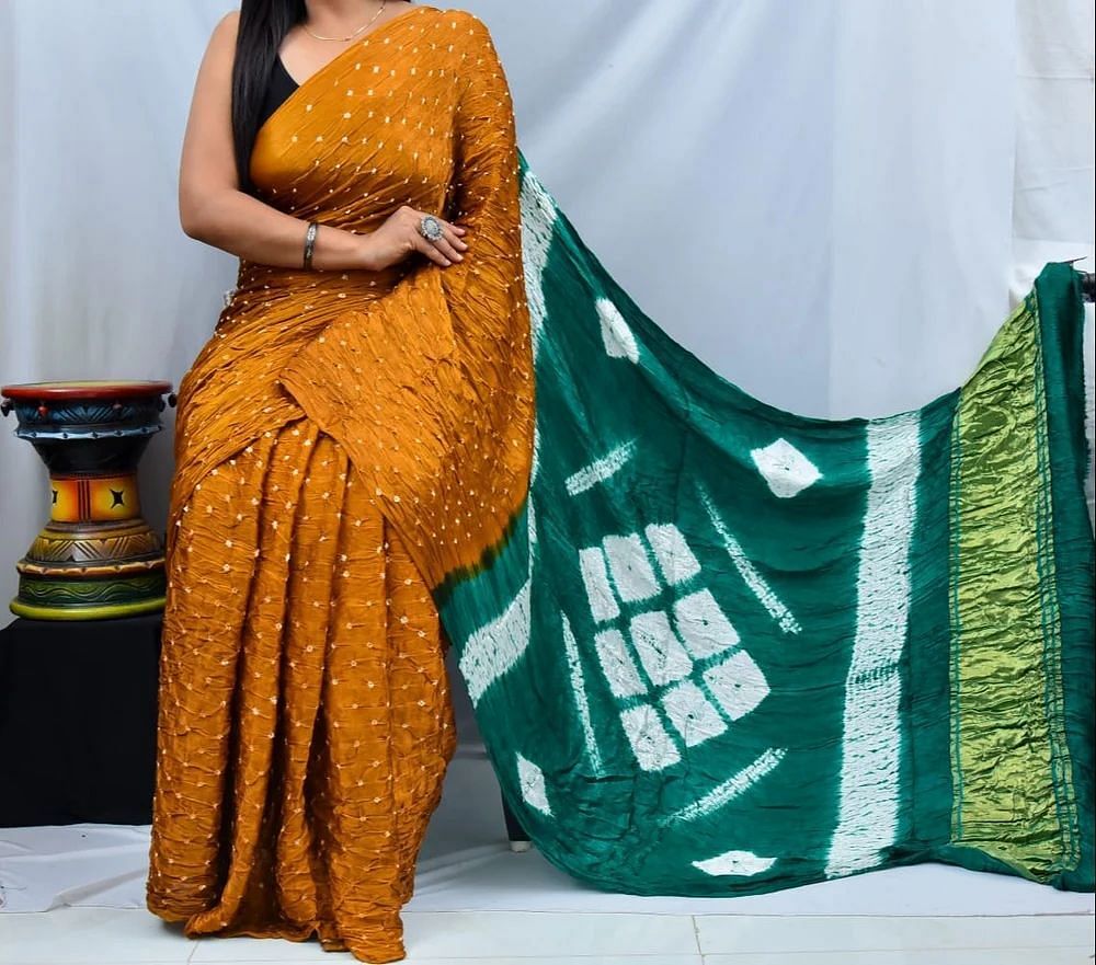 Party Wear Yellow Dark Green Printed Cotton Silk Saree, 6.3 m (with blouse piece)