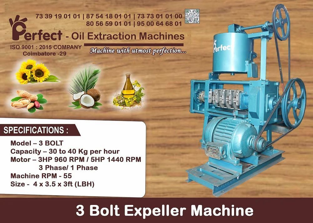 Perfect 3 Bolt Oil Expeller Machine, Capacity: up to 5 ton/day