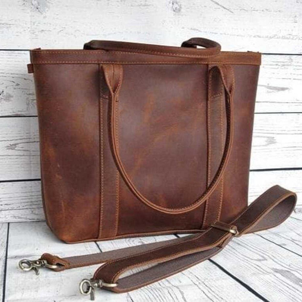 Plain Rectangular Brown Leather Tote Bag