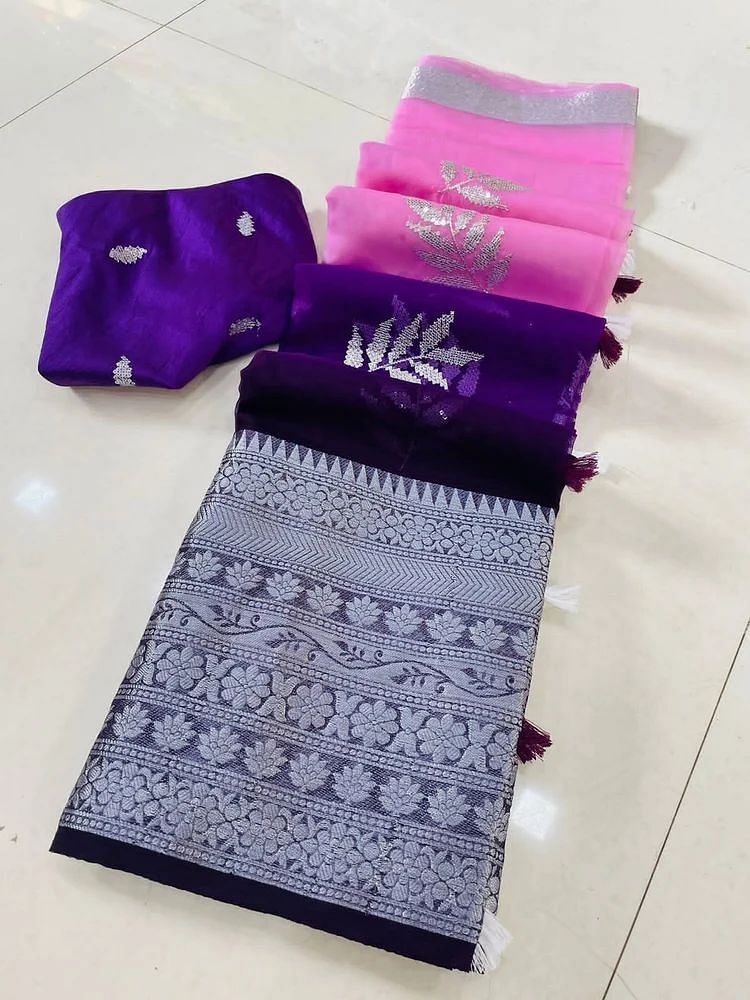 Purple Baby Pink Zardozi Kancheepuram Silk Saree, 6 m (with blouse piece)