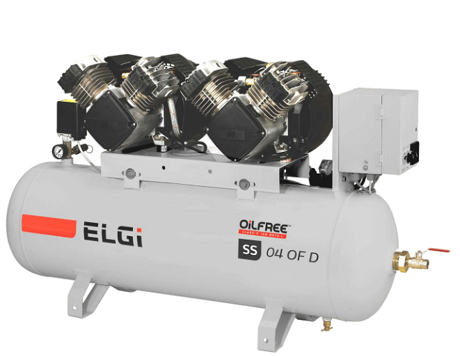 Reciprocating 2+2 HP ELGi SS 04 OF D Oil Free Air Compressor, Air Tank Capacity: 100 Ltr