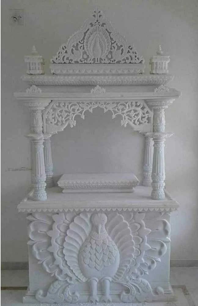 Rectangular Carved 5 Feet White Marble Temple, For Worship