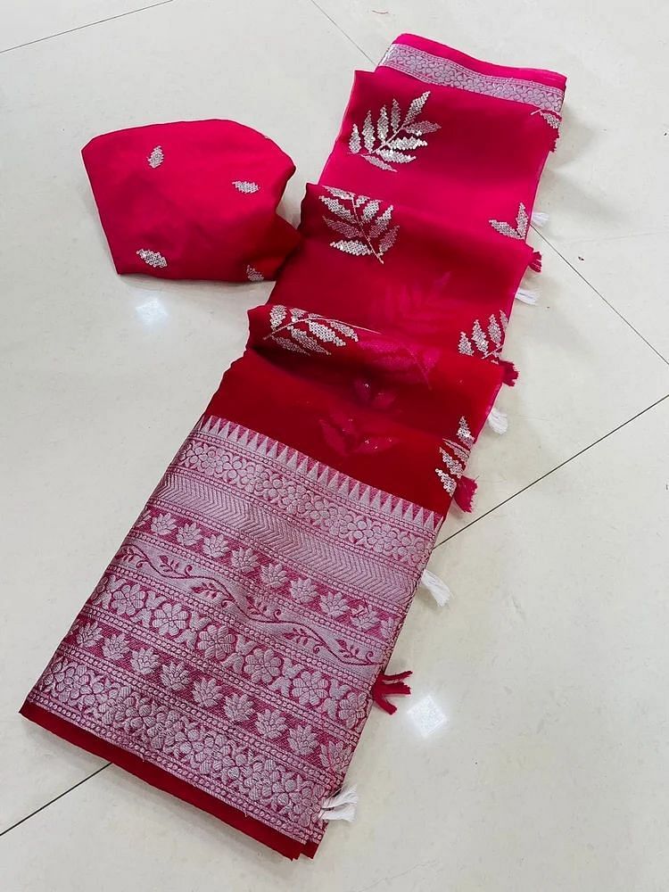 Red Zardozi Kancheepuram Silk Saree, 6 m (with blouse piece)