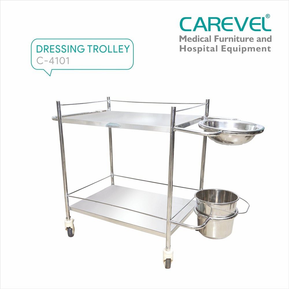 Silver Stainless Steel Carevel C 4101 Dressing Trolley, For Hospitals