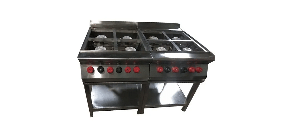 Silver Stainless Steel Eight Burner Gas Stove, For Hotel