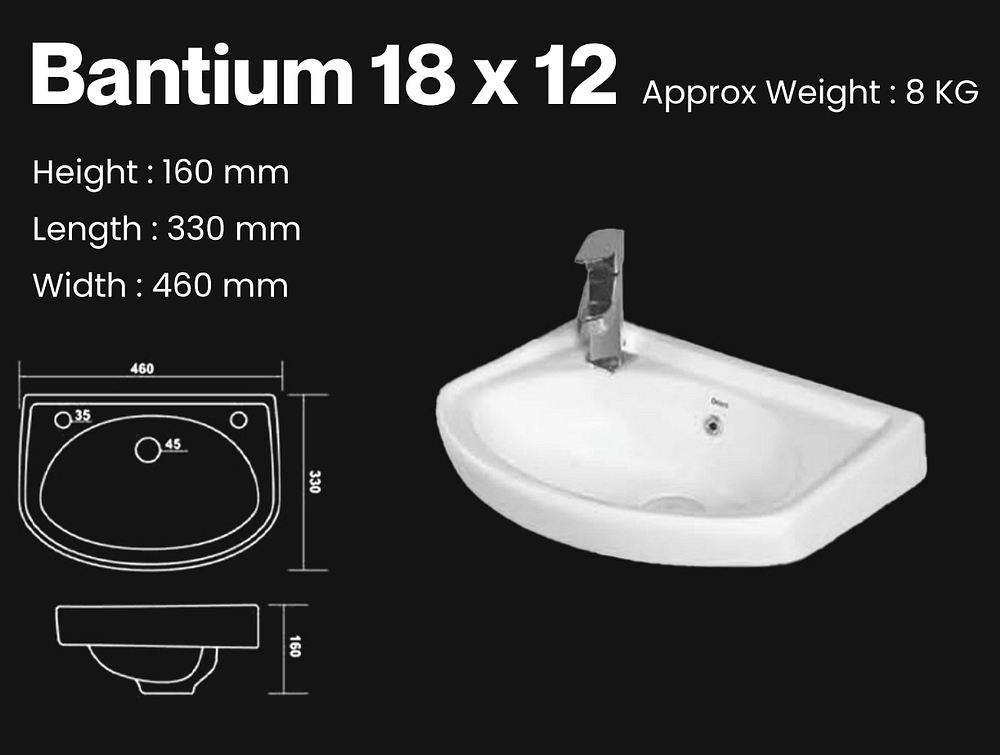 Squad Ceramic Vitrossa Wash Basin 18 X 12, For Hotel