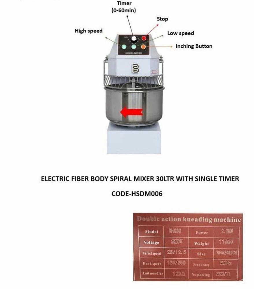 Stainless Steel (SS) Spiral Mixer 30 Ltrs