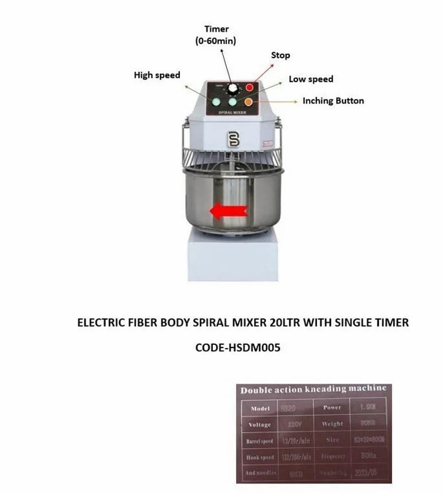 Stainless Steel (SS) Spiral Mixer 20 Ltrs