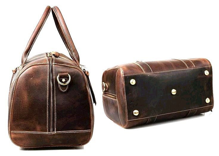 Vintage Brown Plain Genuine Leather Duffle Bags, For Travel