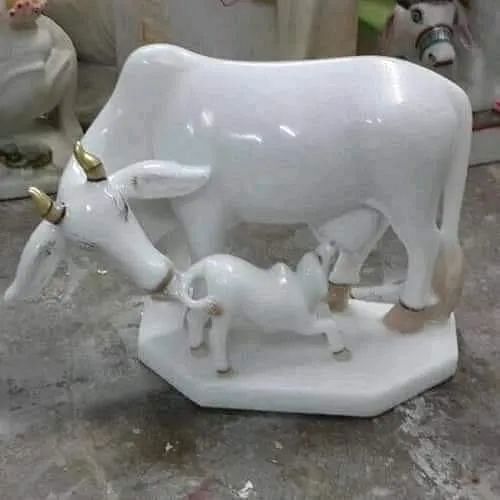 White Marble Cow & Cub Statue