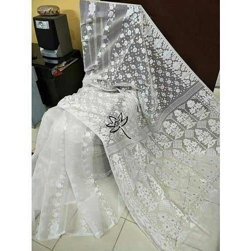 White Party Wear Ladies Jamdani Saree, Packaging Type: Packet