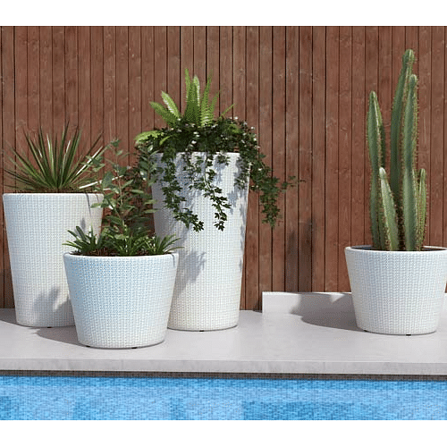 White Round Wicker Planter Set