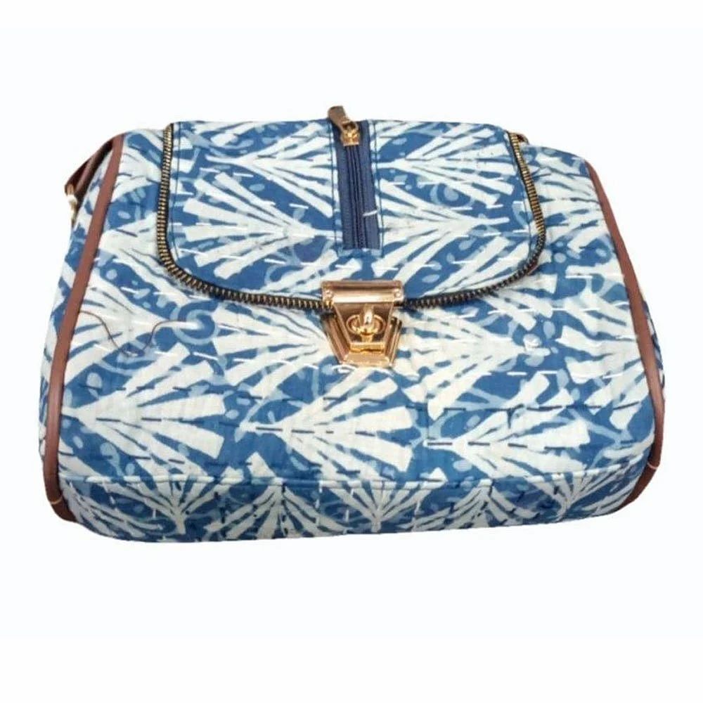 Women White And Blue Ladies Handmade Printed Leather Side Bag, Size: 10x8 Inch (wxh)