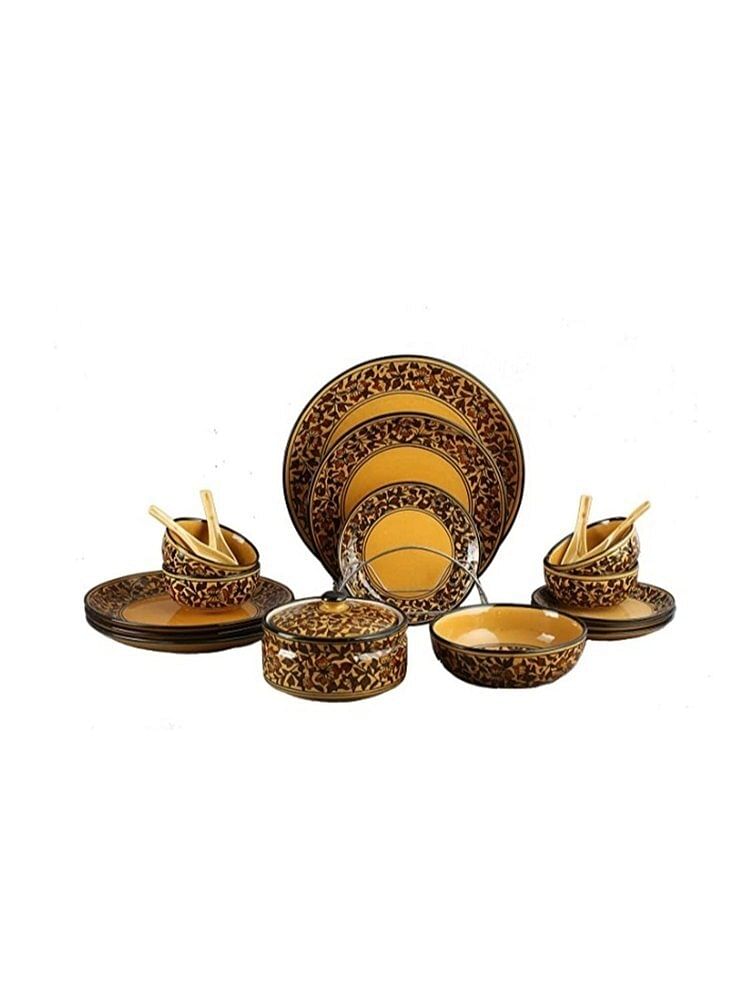 Yellow Brown Handmade Ceramic Dinner Set, For Hotel Home Restaurant, 19