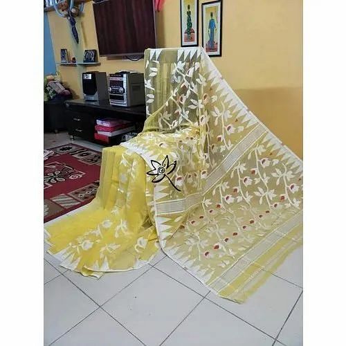 Yellow Party Wear Trendy Jamdani Saree, Packaging Type: Packet