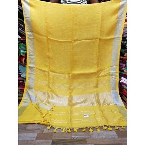 Yellow Plain Linen Silk Saree, Packaging Type: Packet