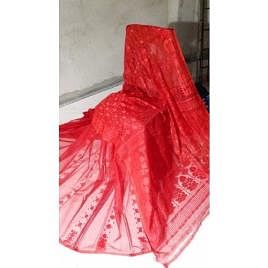 Red Party Wear Fashion Jamdani Saree, Packaging Type: Packet